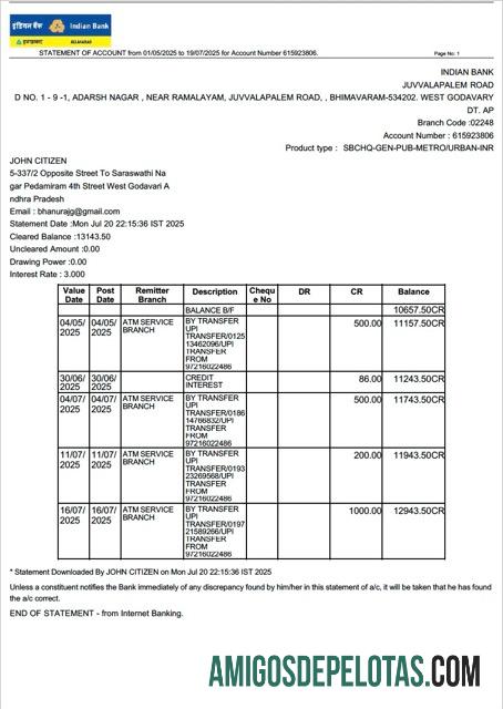 Extrato de conta do banco indiano Allahabad para impressão, modelo Word e PDF, versão 2